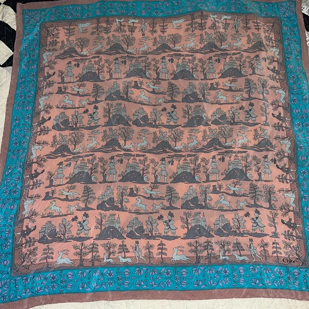 Vintage Chloe Square Silk Scarf  32” pink & turquoise